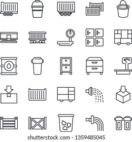 Thin Line Icon Set - trash bin vector, checkroom, bucket, watering, railroad, truck trailer, cargo container, consolidated, package, oil barrel, heavy scales, archive box, water filter