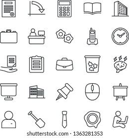 Thin Line Icon Set - trash bin vector, gear, office building, book, case, mouse, presentation board, crisis graph, brainstorm, document, manager place, job, stamp, phone, clipboard, paper pin, user