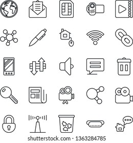 Thin Line Icon Set - trash bin vector, pen, earth, antenna, news, video camera, share, chain, mail, mobile, message, sim, data exchange, wireless, lock, key, hot dog, home control, sound