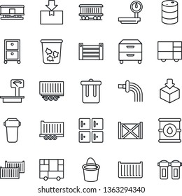 Thin Line Icon Set - trash bin vector, checkroom, bucket, watering, railroad, truck trailer, cargo container, consolidated, package, oil barrel, heavy scales, archive box, water filter