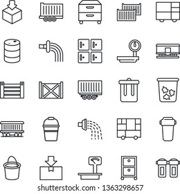 Thin Line Icon Set - trash bin vector, checkroom, bucket, watering, railroad, truck trailer, cargo container, consolidated, package, oil barrel, heavy scales, archive box, water filter