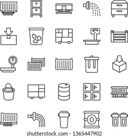 Thin Line Icon Set - trash bin vector, checkroom, bucket, watering, railroad, truck trailer, cargo container, consolidated, package, oil barrel, heavy scales, archive box, water filter