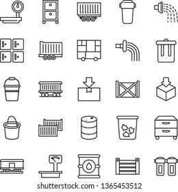 Thin Line Icon Set - trash bin vector, checkroom, bucket, watering, railroad, truck trailer, cargo container, consolidated, package, oil barrel, heavy scales, archive box, water filter
