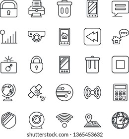 Thin Line Icon Set - trash bin vector, bomb in case, globe, lock, mobile phone, navigation, shield, satellite, stop button, rewind, message, network, cellular signal, calculator, printer, wireless