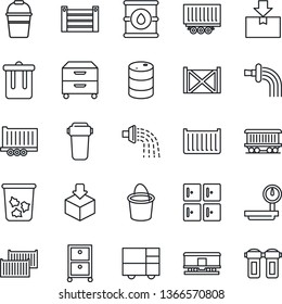 Thin Line Icon Set - trash bin vector, checkroom, bucket, watering, railroad, truck trailer, cargo container, consolidated, package, oil barrel, heavy scales, archive box, water filter