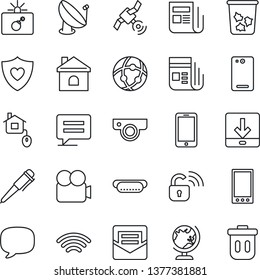 Thin Line Icon Set - trash bin vector, bomb in case, globe, mobile phone, pen, house, heart shield, satellite antenna, news, video camera, back, message, mail, network, download, wireless, hot dog