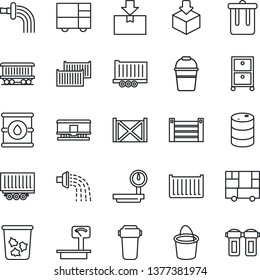 Thin Line Icon Set - trash bin vector, bucket, watering, railroad, truck trailer, cargo container, consolidated, package, oil barrel, heavy scales, archive box, water filter