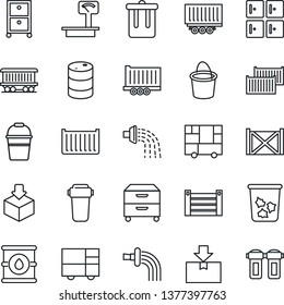 Thin Line Icon Set - trash bin vector, checkroom, bucket, watering, railroad, truck trailer, cargo container, consolidated, package, oil barrel, heavy scales, archive box, water filter