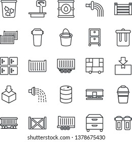 Thin Line Icon Set - trash bin vector, checkroom, bucket, watering, railroad, truck trailer, cargo container, consolidated, package, oil barrel, heavy scales, archive box, water filter
