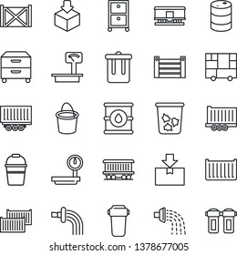 Thin Line Icon Set - trash bin vector, bucket, watering, railroad, truck trailer, cargo container, consolidated, package, oil barrel, heavy scales, archive box, water filter