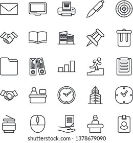 Thin Line Icon Set - trash bin vector, reception, handshake, mail, book, office binder, mouse, pen, document, drawing pin, manager place, clipboard, monitor, clock, folder, building, bar graph