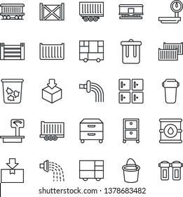 Thin Line Icon Set - trash bin vector, checkroom, bucket, watering, railroad, truck trailer, cargo container, consolidated, package, oil barrel, heavy scales, archive box, water filter