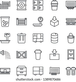 Thin Line Icon Set - trash bin vector, checkroom, bucket, watering, railroad, truck trailer, cargo container, consolidated, package, oil barrel, heavy scales, archive box, water filter