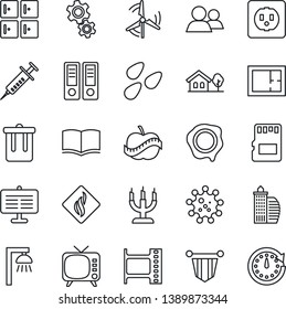 Thin Line Icon Set - trash bin vector, checkroom, book, pennant, office binder, stamp, seeds, syringe, diet, virus, film frame, tv, group, sd, presentation board, house with tree, windmill, plan