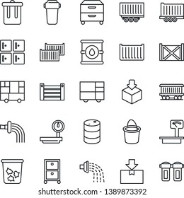 Thin Line Icon Set - trash bin vector, checkroom, bucket, watering, railroad, truck trailer, cargo container, consolidated, package, oil barrel, heavy scales, archive box, water filter