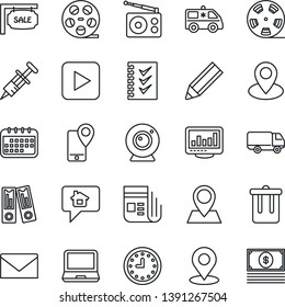 Thin Line Icon Set - trash bin vector, mail, office binder, syringe, ambulance car, pin, mobile tracking, delivery, clock, reel, radio, news, laptop pc, play button, place tag, monitor statistics