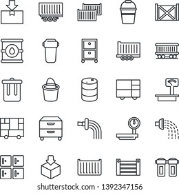Thin Line Icon Set - trash bin vector, checkroom, bucket, watering, railroad, truck trailer, cargo container, consolidated, package, oil barrel, heavy scales, archive box, water filter