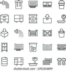 Thin Line Icon Set - trash bin vector, bucket, watering, railroad, truck trailer, cargo container, consolidated, package, oil barrel, heavy scales, archive box, water filter