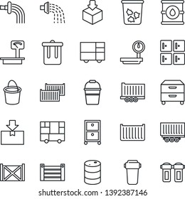 Thin Line Icon Set - trash bin vector, checkroom, bucket, watering, truck trailer, cargo container, consolidated, package, oil barrel, heavy scales, archive box, water filter