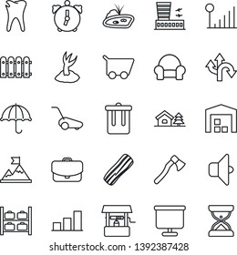 Thin Line Icon Set - trash bin vector, luggage storage, airport building, sproute, lawn mower, well, axe, caries, route, umbrella, alarm, cellular signal, presentation board, bar graph, pond, fence