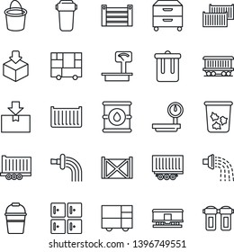 Thin Line Icon Set - trash bin vector, checkroom, bucket, watering, railroad, truck trailer, cargo container, consolidated, package, oil barrel, heavy scales, archive box, water filter