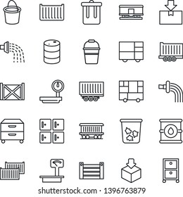 Thin Line Icon Set - trash bin vector, checkroom, bucket, watering, railroad, truck trailer, cargo container, consolidated, package, oil barrel, heavy scales, archive box