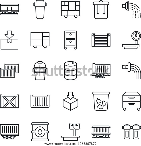 Thin Line Icon Set -\
trash bin vector, bucket, watering, railroad, truck trailer, cargo\
container, consolidated, package, oil barrel, heavy scales, archive\
box, water filter