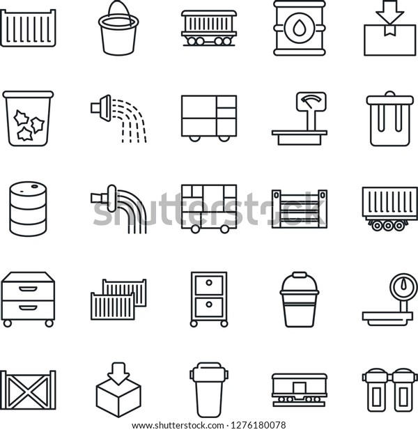 Thin Line Icon Set -\
trash bin vector, bucket, watering, railroad, truck trailer, cargo\
container, consolidated, package, oil barrel, heavy scales, archive\
box, water filter
