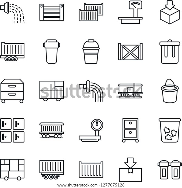 Thin Line Icon\
Set - trash bin vector, checkroom, bucket, watering, railroad,\
truck trailer, cargo container, consolidated, package, heavy\
scales, archive box, water\
filter