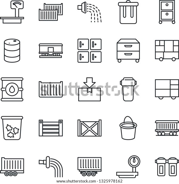 Thin\
Line Icon Set - trash bin vector, checkroom, bucket, watering,\
railroad, truck trailer, cargo container, consolidated, package,\
oil barrel, heavy scales, archive box, water\
filter