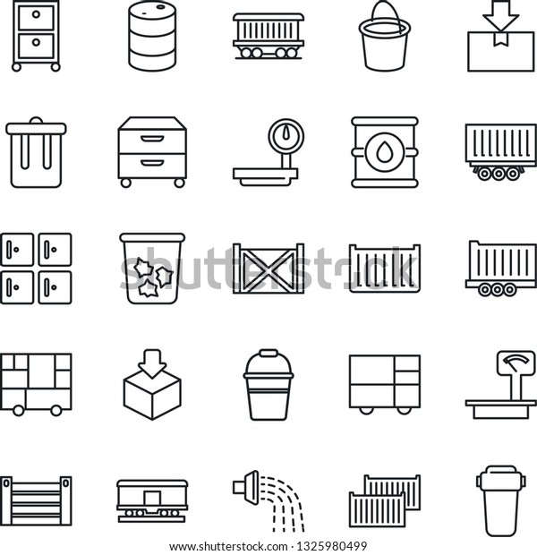 Thin\
Line Icon Set - trash bin vector, checkroom, bucket, watering,\
railroad, truck trailer, cargo container, consolidated, package,\
oil barrel, heavy scales, archive box, water\
filter