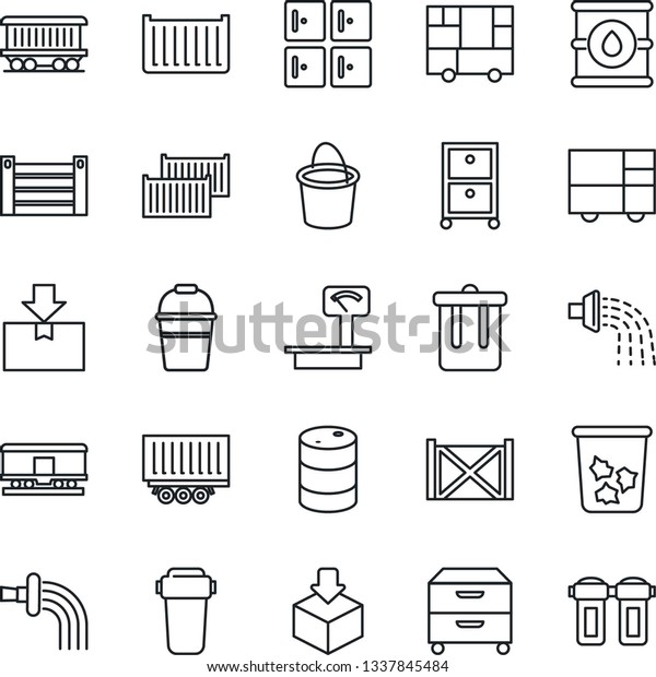 Thin
Line Icon Set - trash bin vector, checkroom, bucket, watering,
railroad, truck trailer, cargo container, consolidated, package,
oil barrel, heavy scales, archive box, water
filter