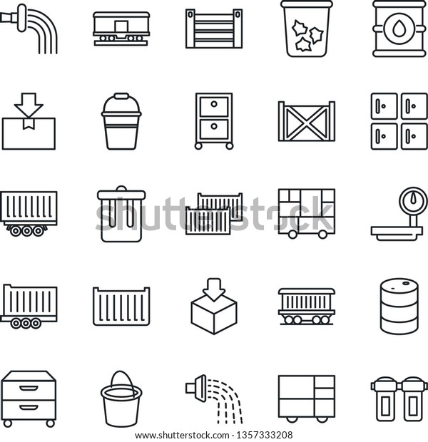 Thin
Line Icon Set - trash bin vector, checkroom, bucket, watering,
railroad, truck trailer, cargo container, consolidated, package,
oil barrel, heavy scales, archive box, water
filter