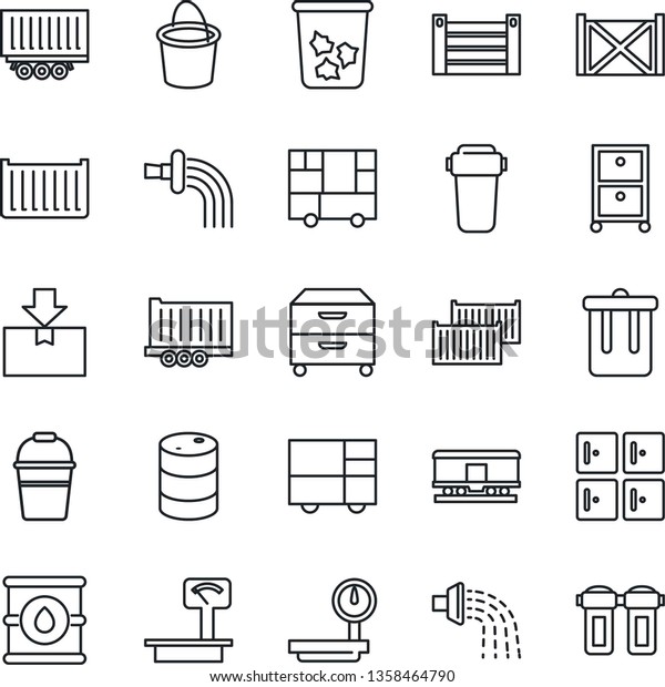 Thin\
Line Icon Set - trash bin vector, checkroom, bucket, watering,\
truck trailer, cargo container, consolidated, package, oil barrel,\
heavy scales, railroad, archive box, water\
filter