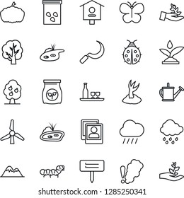 Thin Line Icon Set - tree vector, watering can, sproute, butterfly, lady bug, rain, sickle, plant label, pumpkin, seeds, caterpillar, bird house, fertilizer, photo gallery, pond, windmill, fruit