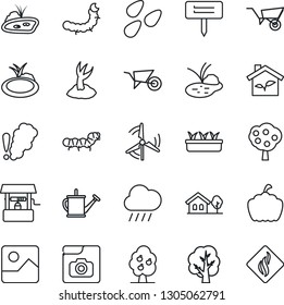 Thin Line Icon Set - tree vector, watering can, wheelbarrow, sproute, seedling, rain, well, plant label, pumpkin, seeds, caterpillar, pond, gallery, photo, house with, windmill, fruit, eco