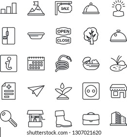 Thin Line Icon Set - tree vector, boot, well, hose, pond, diagnosis, calendar, case, bar graph, sale, key, fridge, dish, salad, open close, bowl, socket, irrigation, information, shining head