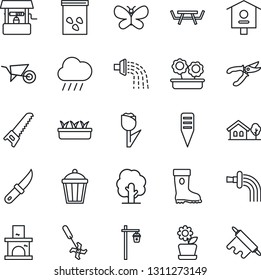 Thin Line Icon Set - tree vector, wheelbarrow, watering, pruner, boot, saw, butterfly, seedling, rain, well, garden knife, plant label, light, fireplace, seeds, picnic table, bird house, ripper