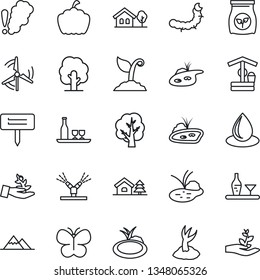 Thin Line Icon Set - tree vector, sproute, butterfly, water drop, well, plant label, pumpkin, caterpillar, pond, fertilizer, house with, windmill, mountains, alcohol, irrigation, smoke detector