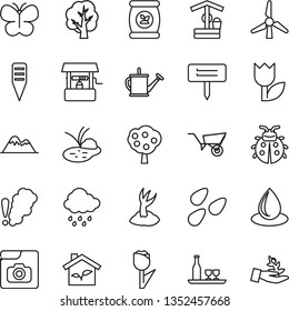 Thin Line Icon Set - tree vector, watering can, wheelbarrow, sproute, butterfly, lady bug, water drop, rain, well, plant label, seeds, pond, fertilizer, tulip, photo gallery, windmill, fruit, palm
