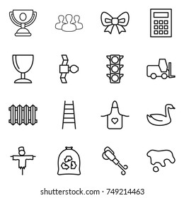 thin line icon set : trophy, group, bow, calculator, wineglass, satellite, traffic light, fork loader, radiator, stairs, apron, goose, scarecrow, garbage bag, blower, spot