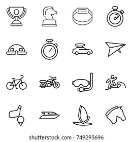 thin line icon set : trophy, chess horse, smart bracelet, stopwatch, dome house, car baggage, deltaplane, bike, motorcycle, diving mask, surfer, golf, yacht, windsurfing