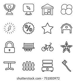 thin line icon set : trophy, monitor arrow, warehouse, atom core, lightning, percent, star, barn, lock, truck shipping, bike, starfish, table, fence, double boiler, tooth brush