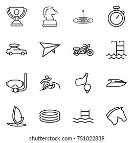thin line icon set : trophy, chess horse, target, stopwatch, car baggage, deltaplane, motorcycle, pool, diving mask, surfer, golf, yacht, windsurfing, inflatable