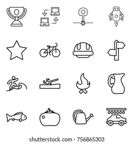 Thin line icon set : trophy, notebook connect, laser, jet robot, star, bike, building helmet, signpost, surfer, soil cutter, fire, jug, fish, tomato, watering can, car wash
