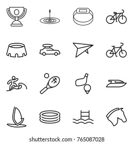 Thin line icon set : trophy, target, smart bracelet, bike, stadium, car baggage, deltaplane, surfer, tennis, golf, yacht, windsurfing, inflatable pool, horse