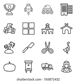 Thin line icon set : trophy, jet robot, lunar rover, houses, modern architecture, window, fort, bungalow, island, chef knife, scissors, goose, pumpkin, hive, home call cleaning, cleaner