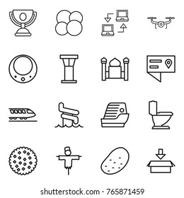 Thin line icon set : trophy, atom core, notebook connect, drone, necklace, airport tower, minaret, location details, train, aquapark, cruise ship, toilet, cookies, scarecrow, potato, package
