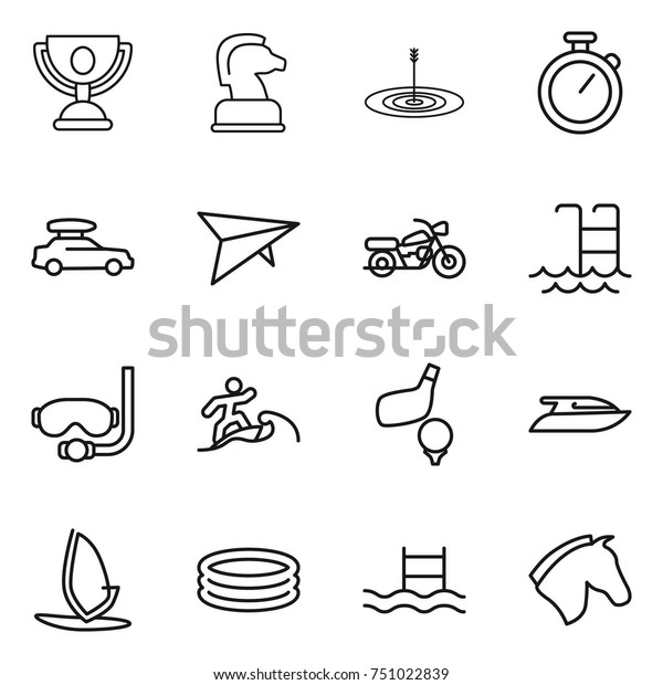 thin line icon set :\
trophy, chess horse, target, stopwatch, car baggage, deltaplane,\
motorcycle, pool, diving mask, surfer, golf, yacht, windsurfing,\
inflatable