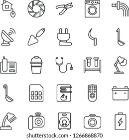 Thin Line Icon Set - trowel vector, bucket, watering, pruner, sickle, stethoscope, blood test vial, satellite antenna, camera, radio phone, speaker, mobile, sim, desk lamp, ladle, home control